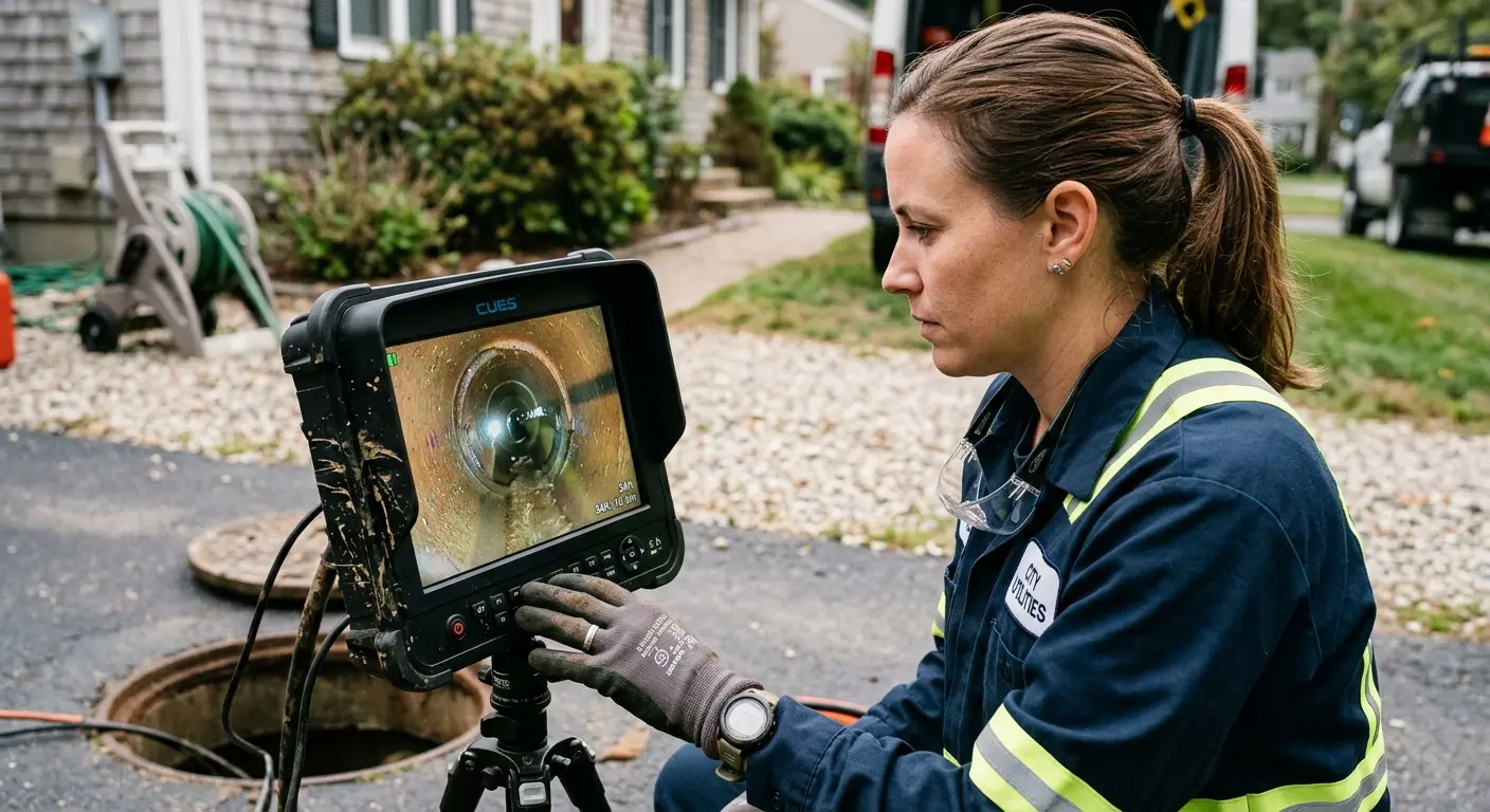 Technician reviewing sewer camera inspection footage in Texas City