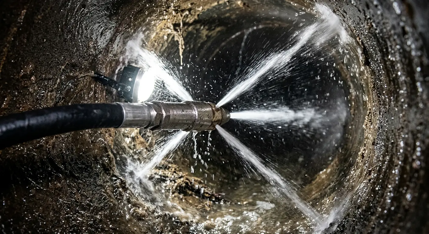 High-pressure hydro jetting nozzle cleaning sewer pipe for Emergency Drain Service in Texas City