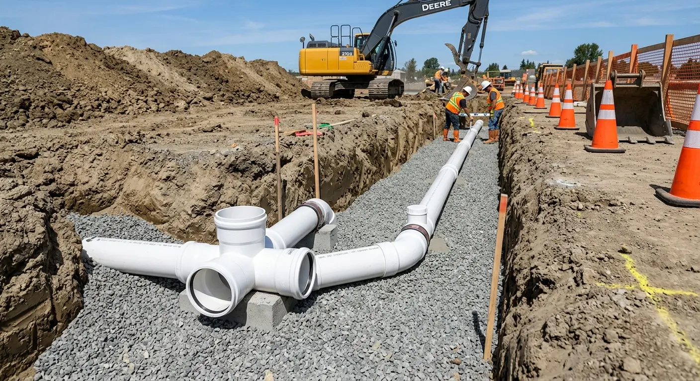 New PVC sewer pipe installation in open trench for Grease Trap Cleaning in Texas City