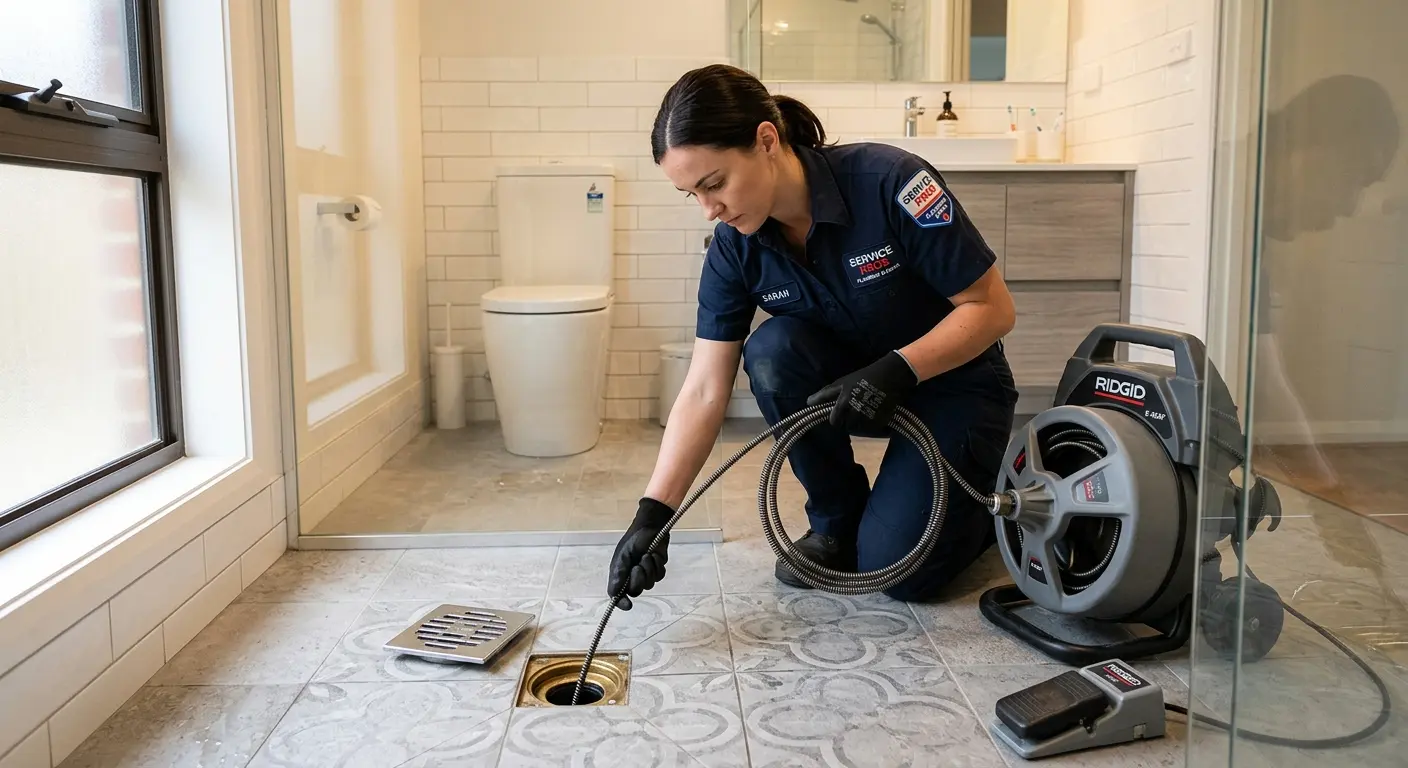Technician clearing a bathroom floor drain for Sewer Line Installation in Texas City